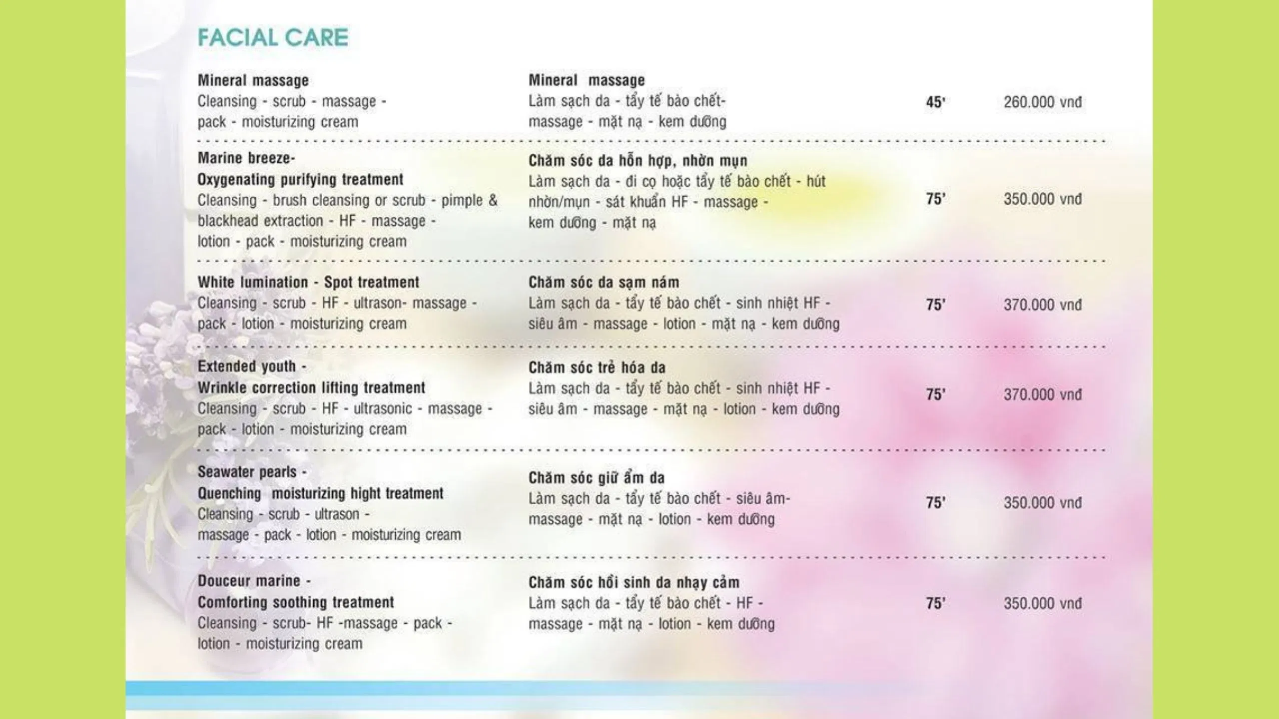 Bảng dịch vụ của Mineral Spa ( Nguồn: Internet) Bảng dịch vụ của Mineral Spa ( Nguồn: Internet)