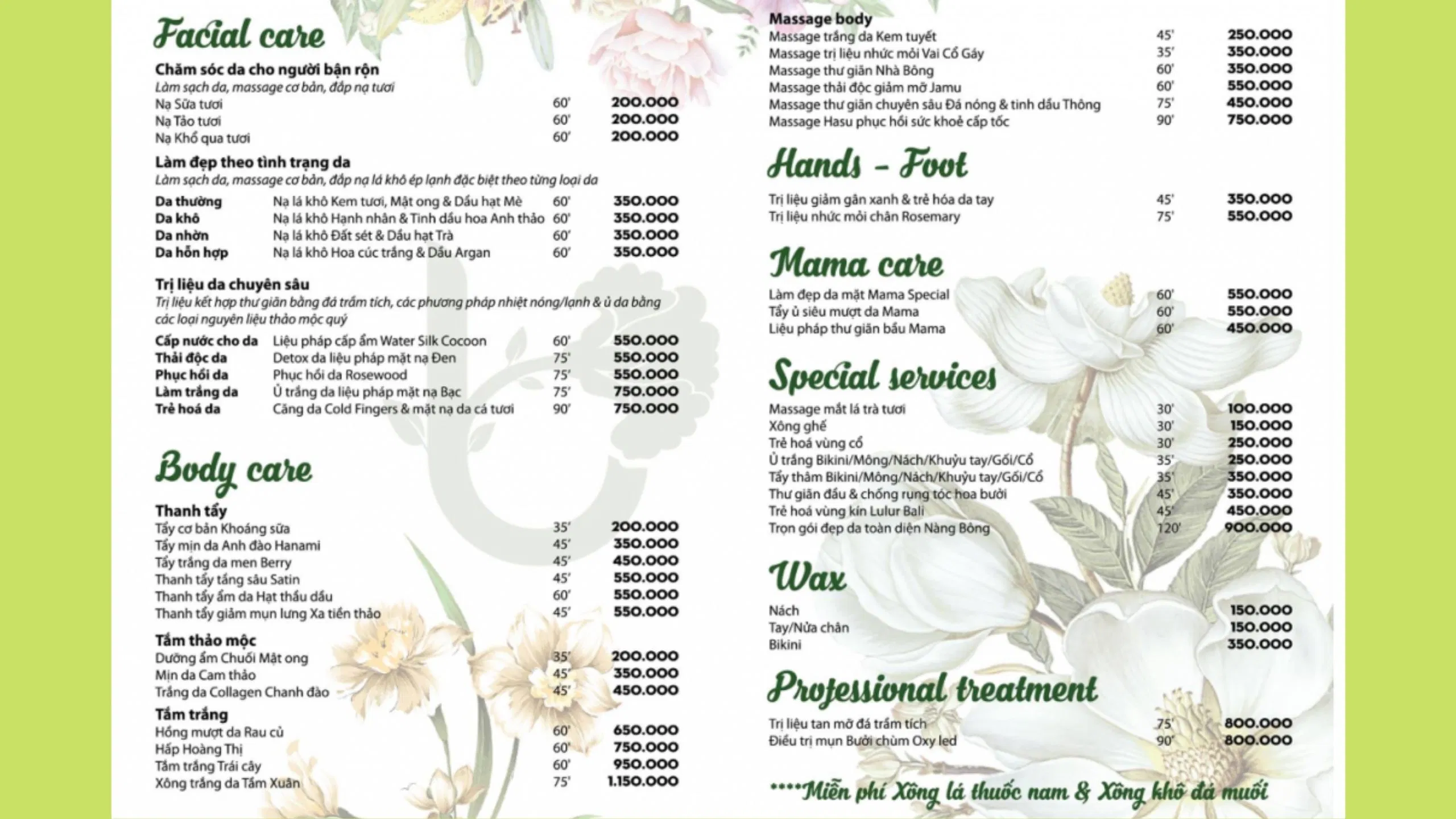 Bảng giá dịch vụ của trung tâm Bông spa( Nguồn: Internet ) Bảng giá dịch vụ của trung tâm Bông spa( Nguồn: Internet )