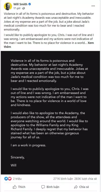 Will Smith lên tiếng xin lỗi sau tranh cãi tại Oscar 2022 (Nguồn: Facebook).