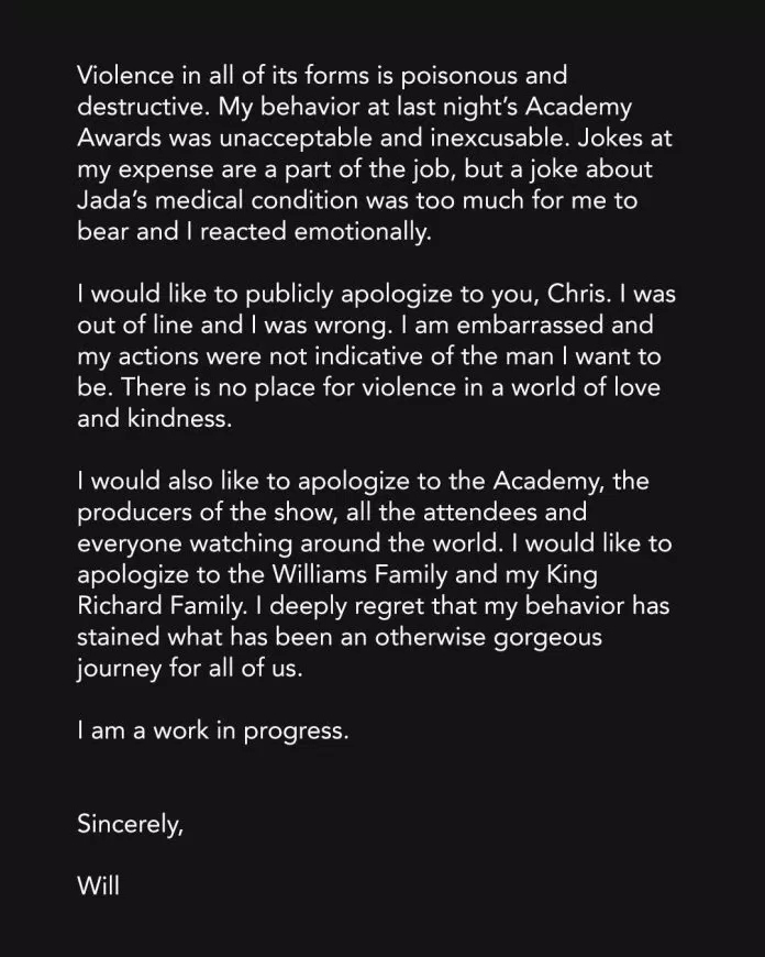Will Smith lên tiếng xin lỗi sau tranh cãi tại Oscar 2022 (Nguồn: Facebook).