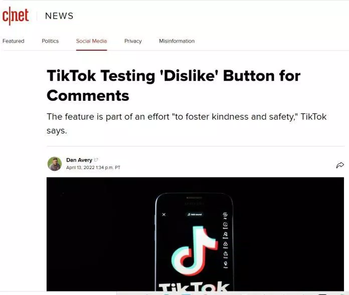 Bài đăng về thử nghiệm nút dislike trên TikTok của cnet (Nguồn: BlogAnChoi)