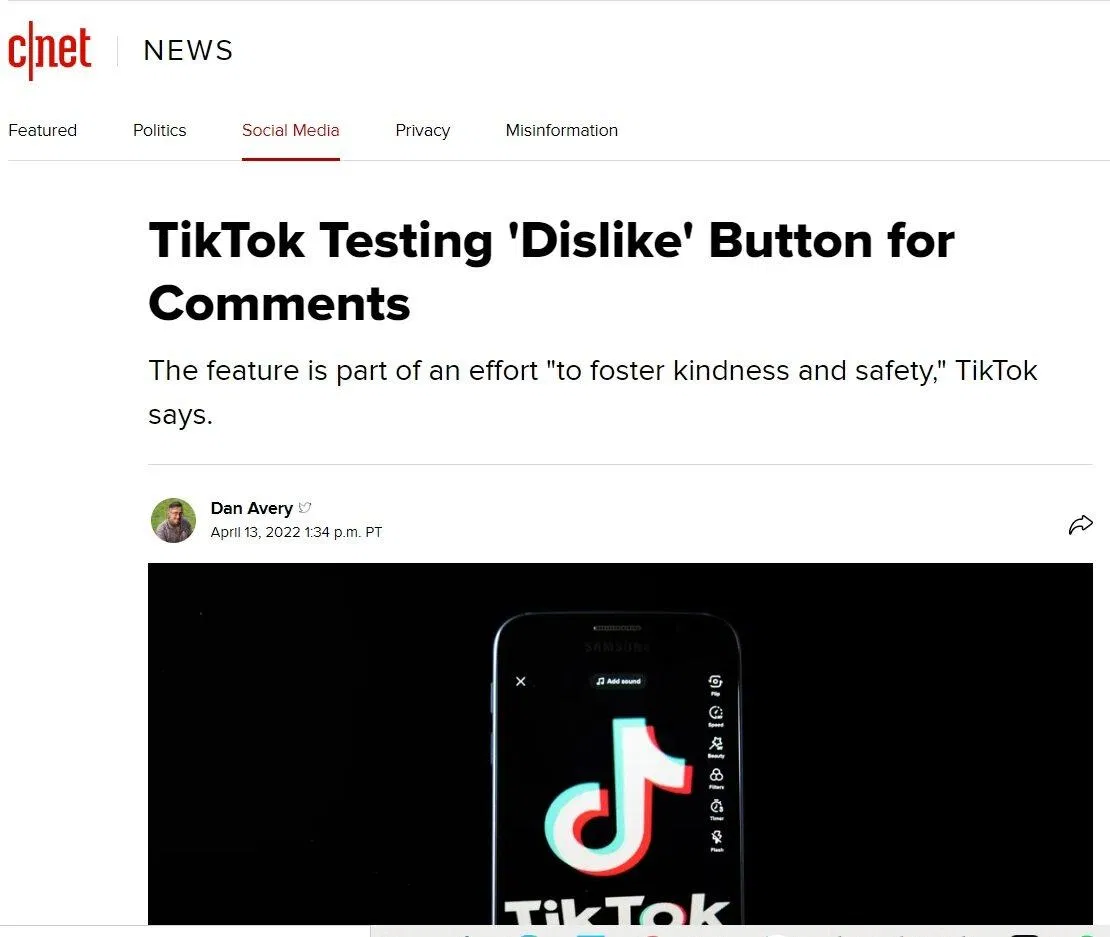 Bài đăng về thử nghiệm nút dislike trên TikTok của cnet (Nguồn: BlogAnChoi) Bài đăng về thử nghiệm nút dislike trên TikTok của cnet (Nguồn: BlogAnChoi)