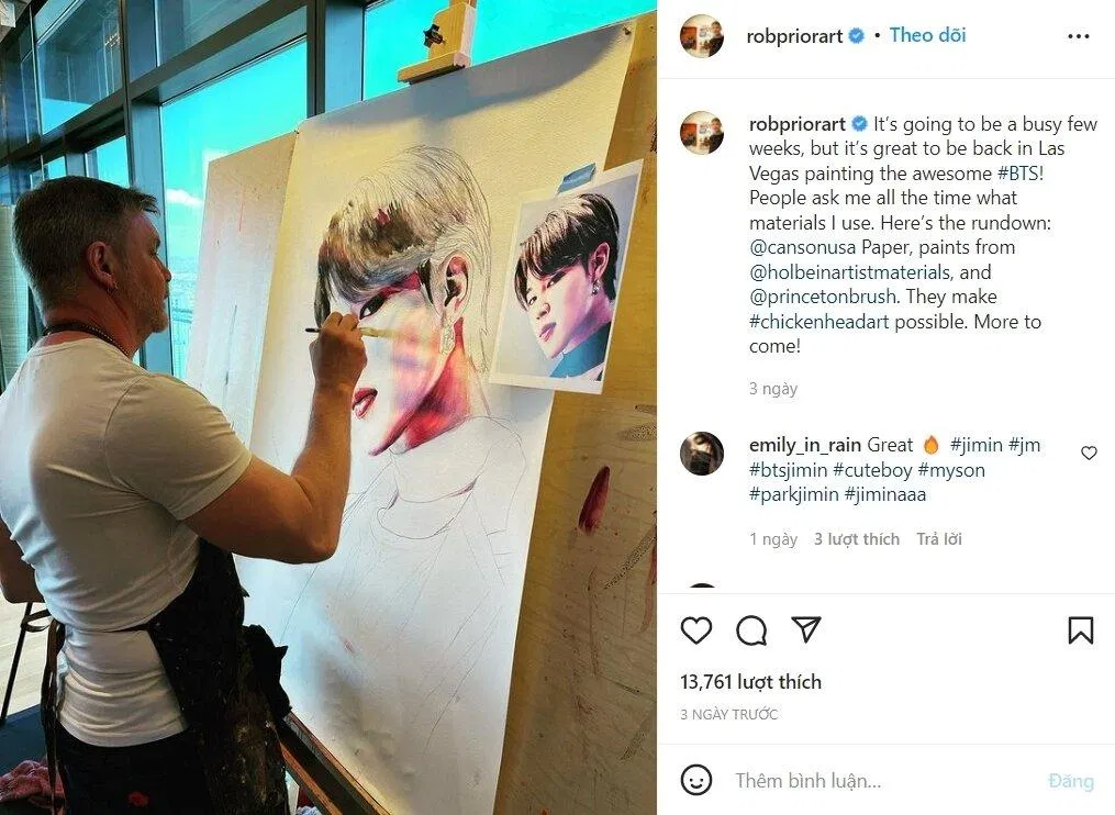 Bài post Rob Prior vẽ chân dung của Jimin cũng nhận về lượt tương tác khủng (Nguồn: Internet) Bài post Rob Prior vẽ chân dung của Jimin cũng nhận về lượt tương tác khủng (Nguồn: Internet)
