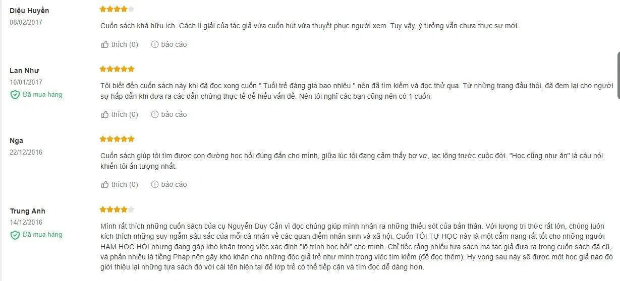 Độc giả chia sẻ cảm nhận sau khi đọc xong "Tôi tự học" trên trang Fahasa (Ảnh: BlogAnChoi) Độc giả chia sẻ cảm nhận sau khi đọc xong "Tôi tự học" trên trang Fahasa (Ảnh: BlogAnChoi)