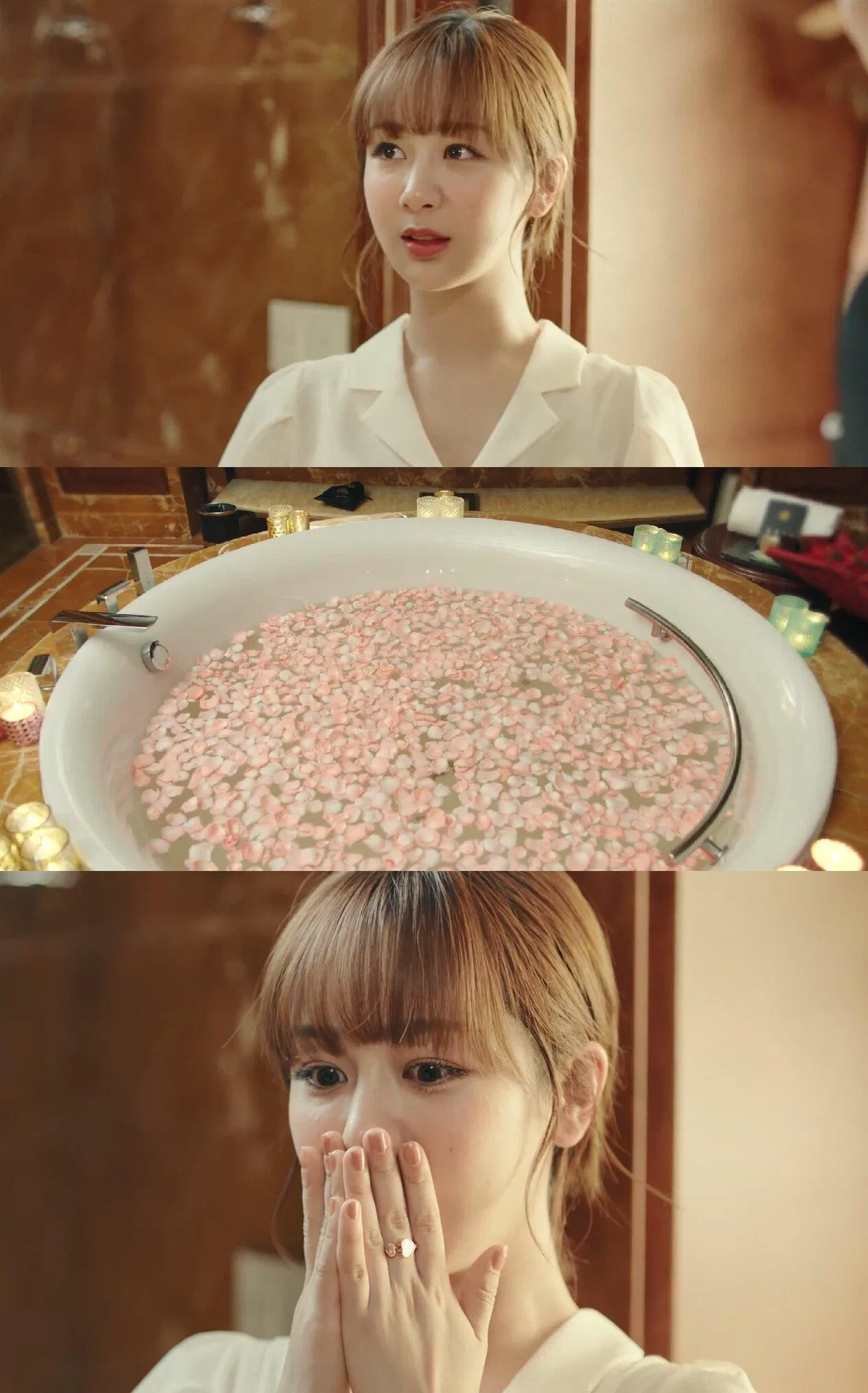 Lâm Chi Hiệu thực sự ngỡ ngàng trước bồn tắm toàn cánh hoa hồng. (Ảnh: Internet)