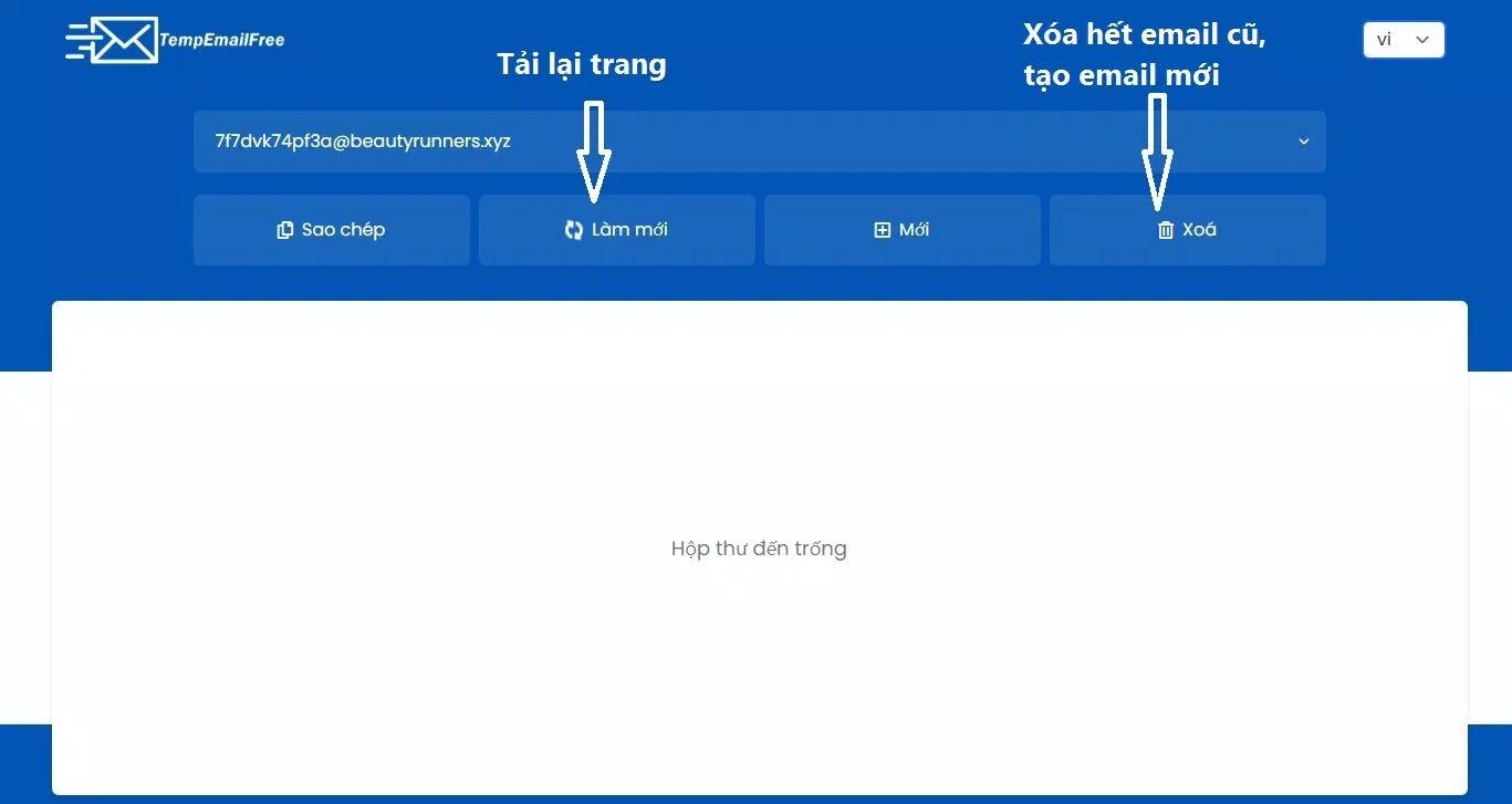 Các chức năng Làm mới và Xóa của TempEmailFree(Ảnh: BlogAnChoi). Các chức năng Làm mới và Xóa của TempEmailFree(Ảnh: BlogAnChoi).