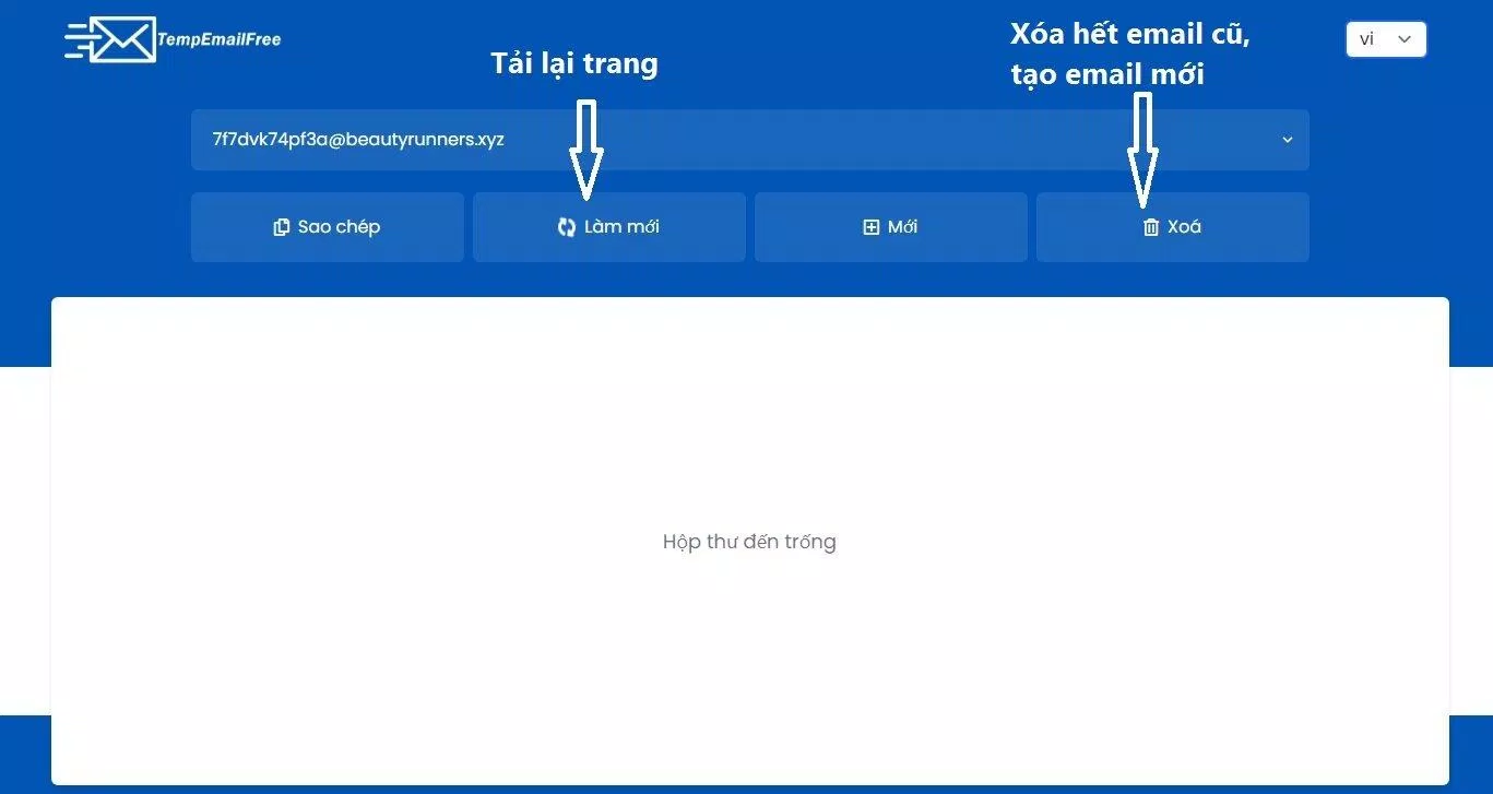 Các chức năng Làm mới và Xóa của TempEmailFree(Ảnh: BlogAnChoi).