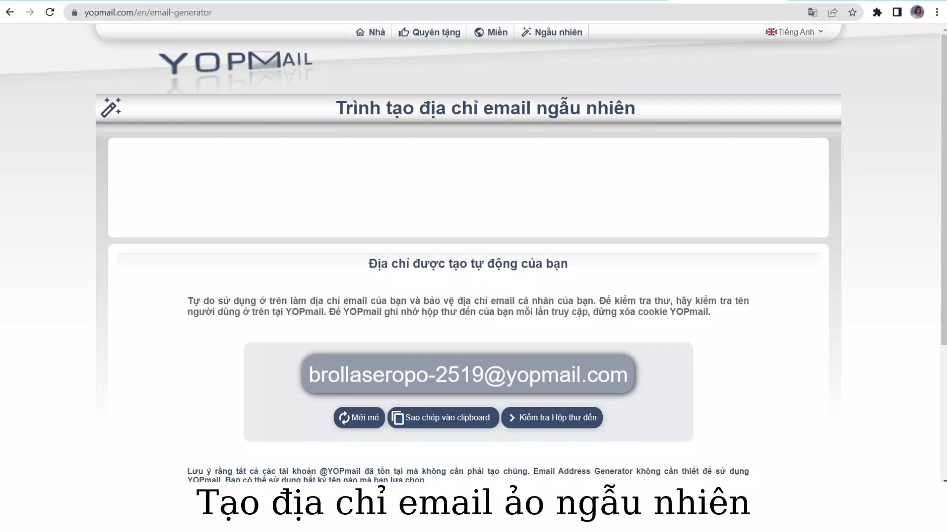Tạo email ảo ngẫu nhiên từ Yopmail (Nguồn ảnh: BlogAnChoi).
