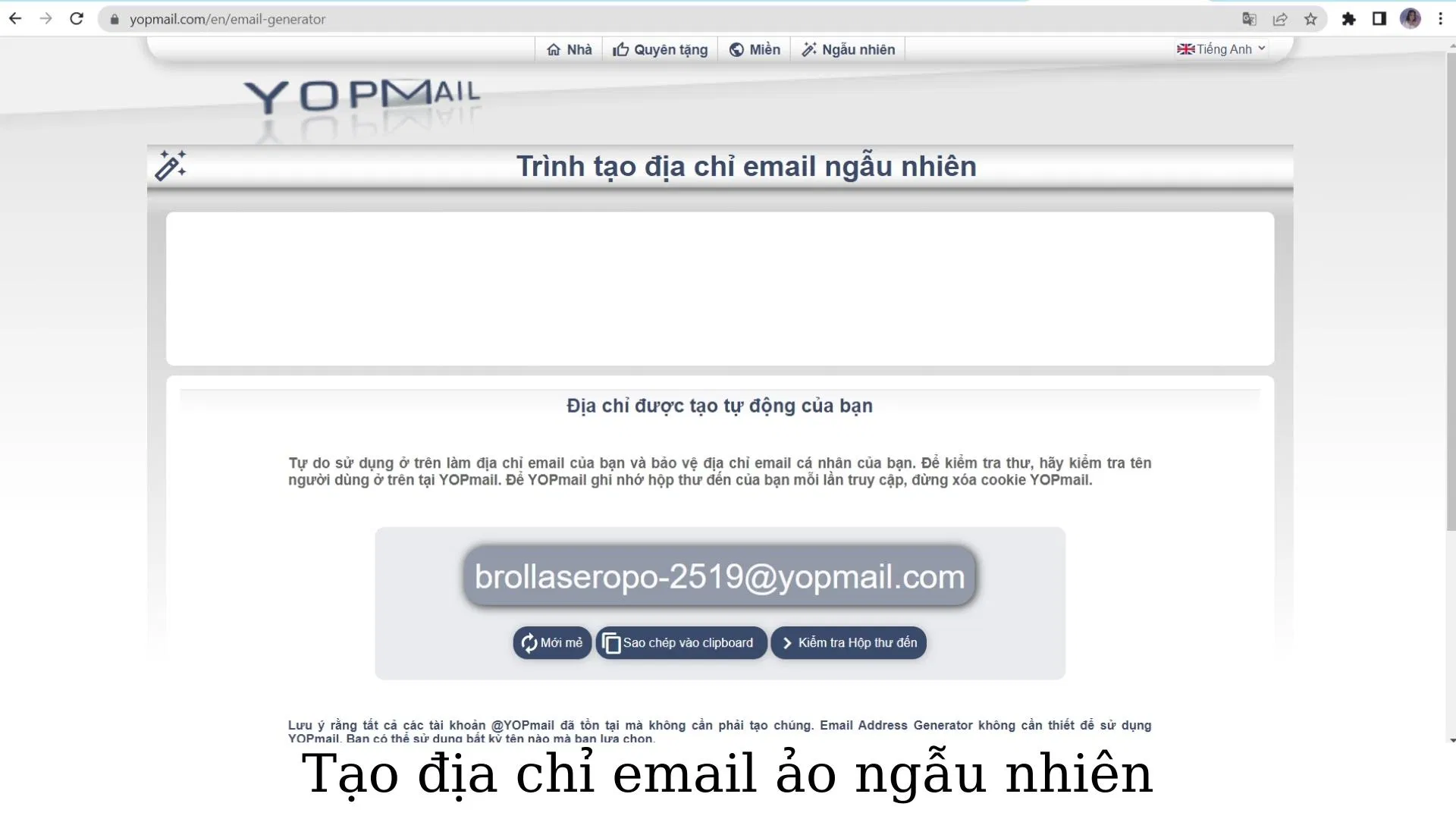 Tạo email ảo ngẫu nhiên từ Yopmail (Nguồn ảnh: BlogAnChoi).