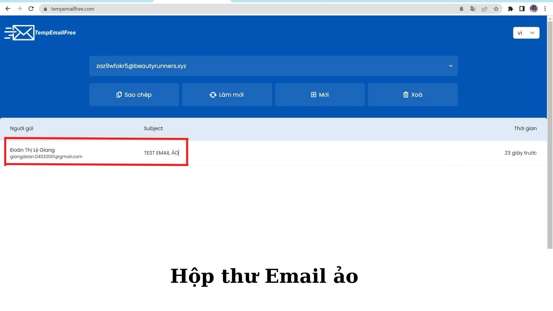 Hộp thư đến của email ảo TempEmailFree (Nguồn: BlogAnChoi). Hộp thư đến của email ảo TempEmailFree (Nguồn: BlogAnChoi).