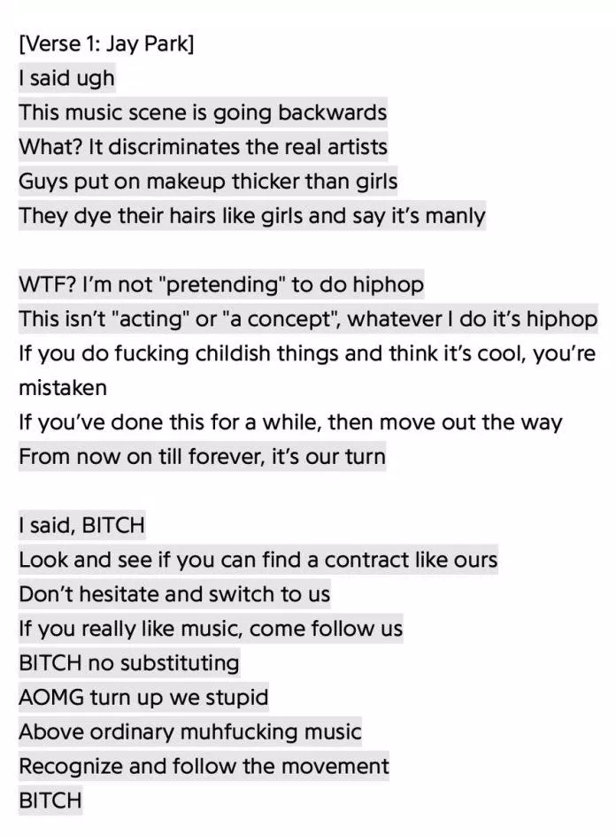 Trong bài hát "Who The F*ck Is U", Jay Park đã chế nhạo nền công nghiệp idol bằng những câu rap: "Bọn con trai trang điểm còn đậm hơn con gái/ Họ nhuộm tóc như con gái và nói nó đầy chất đàn ông" (Nguồn: Internet) Trong bài hát "Who The F*ck Is U", Jay Park đã chế nhạo nền công nghiệp idol bằng những câu rap: "Bọn con trai trang điểm còn đậm hơn con gái/ Họ nhuộm tóc như con gái và nói nó đầy chất đàn ông" (Nguồn: Internet)