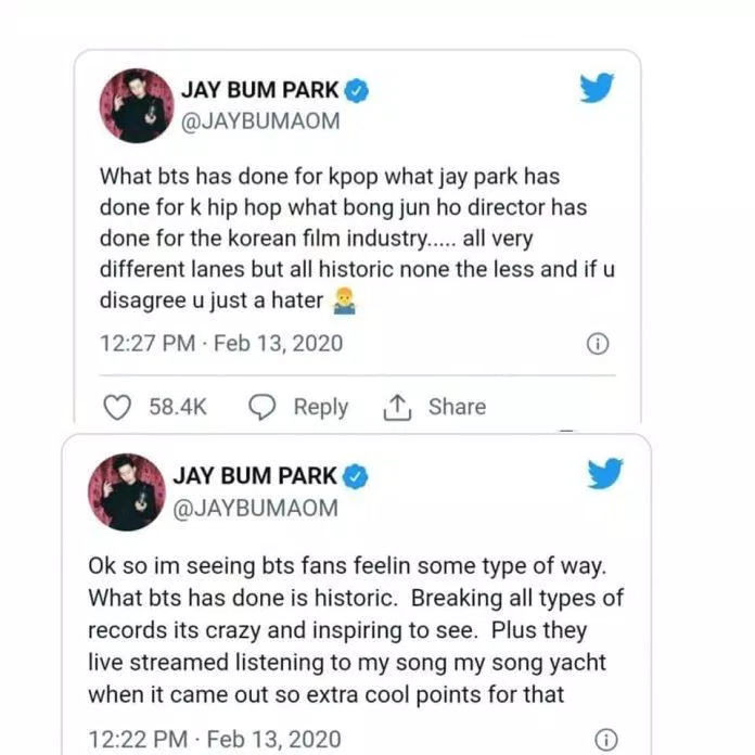 Jay Park tự so sánh công lao của mình với nền hip hop Hàn như việc Bong Joong Ho mang điện ảnh Hàn và K-pop ra thế giới. Khi fan BTS lên tiếng phản đối thì nam ca sĩ đã đăng tweet chống chế và cố nguôi ngoai ARMY bằng cách khen ngợi BTS (Nguồn: Internet)