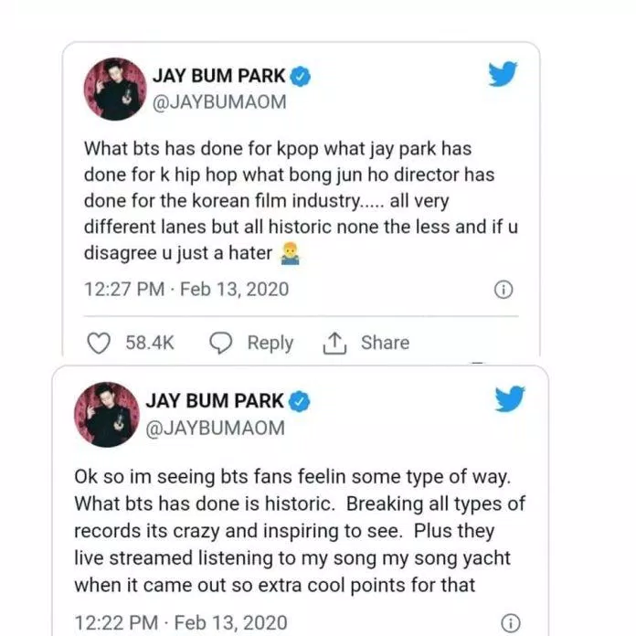 Jay Park tự so sánh công lao của mình với nền hip hop Hàn như việc Bong Joong Ho mang điện ảnh Hàn và K-pop ra thế giới. Khi fan BTS lên tiếng phản đối thì nam ca sĩ đã đăng tweet chống chế và cố nguôi ngoai ARMY bằng cách khen ngợi BTS (Nguồn: Internet) Jay Park tự so sánh công lao của mình với nền hip hop Hàn như việc Bong Joong Ho mang điện ảnh Hàn và K-pop ra thế giới. Khi fan BTS lên tiếng phản đối thì nam ca sĩ đã đăng tweet chống chế và cố nguôi ngoai ARMY bằng cách khen ngợi BTS (Nguồn: Internet)