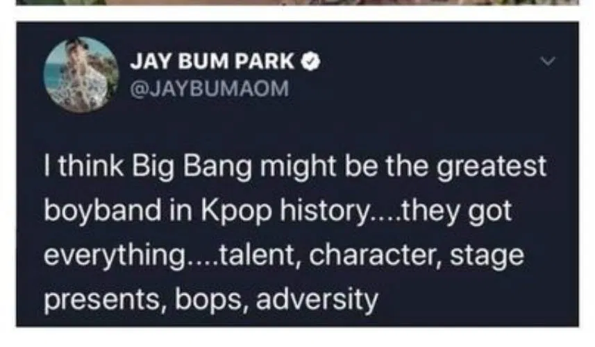 Jay Park động chạm đến fandom BTS khi khen Big Bang "là nhóm nhạc K-pop vĩ đại nhất... họ có mọi thứ... tài năng, nhân cách, khả năng làm chủ sân khấu, các bài hát hay, nghịch cảnh" (Nguồn: Internet) Jay Park động chạm đến fandom BTS khi khen Big Bang "là nhóm nhạc K-pop vĩ đại nhất... họ có mọi thứ... tài năng, nhân cách, khả năng làm chủ sân khấu, các bài hát hay, nghịch cảnh" (Nguồn: Internet)