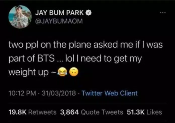 Jay Park gây tranh cãi khi gián tiếp chế nhạo cân nặng của BTS: "Có 2 người trên máy bay hỏi tôi có phải là một mẩu của BTS... Thật là buồn cười vì tôi cần phải tăng cân thôi" (Nguồn: Internet) Jay Park gây tranh cãi khi gián tiếp chế nhạo cân nặng của BTS: "Có 2 người trên máy bay hỏi tôi có phải là một mẩu của BTS... Thật là buồn cười vì tôi cần phải tăng cân thôi" (Nguồn: Internet)
