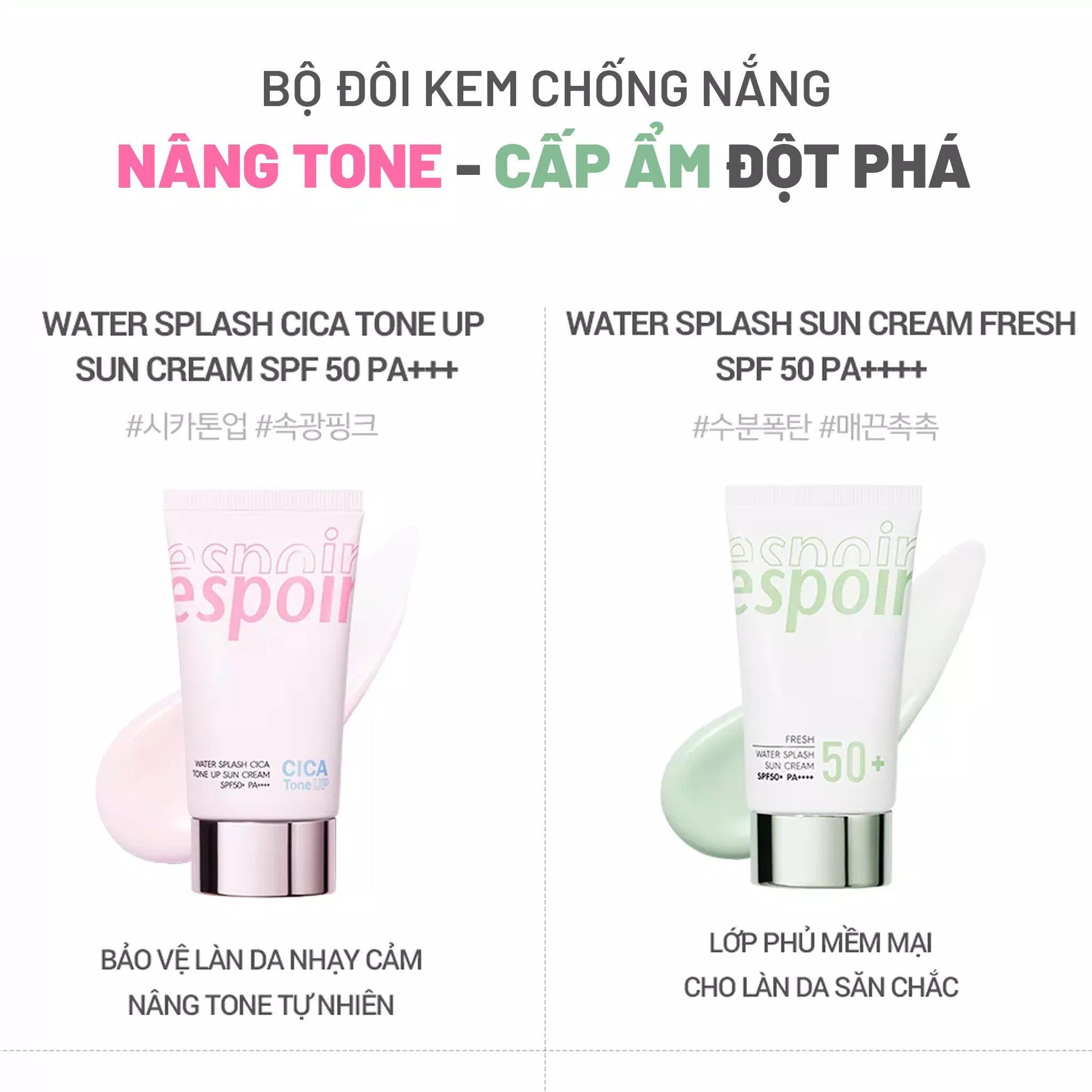 Bộ đôi kem chống nắng Espoir Water Splash Sun Cream được thiết kế dạng tuýp nhựa trendy (Nguồn: BlogAnChoi)