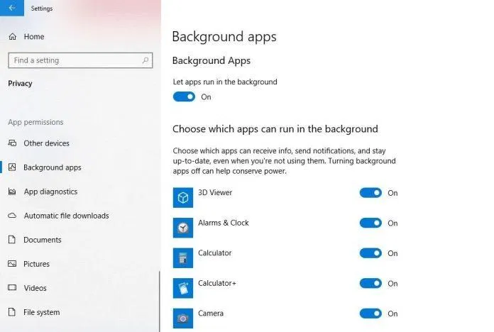 Tắt các ứng dụng nền trong Windows 10 (Ảnh: Internet). Tắt các ứng dụng nền trong Windows 10 (Ảnh: Internet).