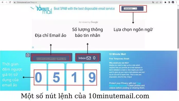 Các nút lệnh của email ảo 10minutemail.com (Nguồn ảnh: BlogAnChoi).