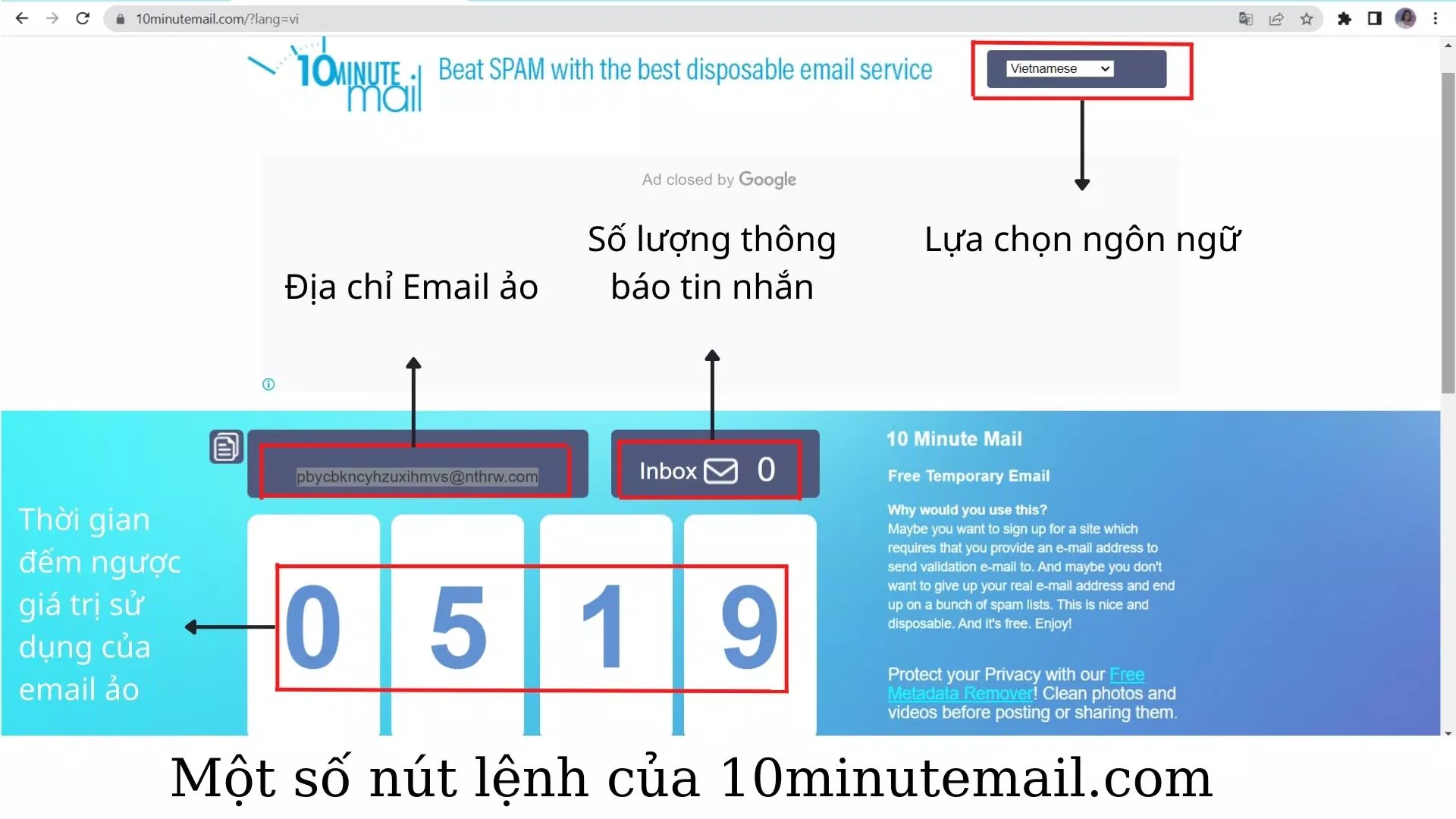 Các nút lệnh của email ảo 10minutemail.com (Nguồn ảnh: BlogAnChoi).