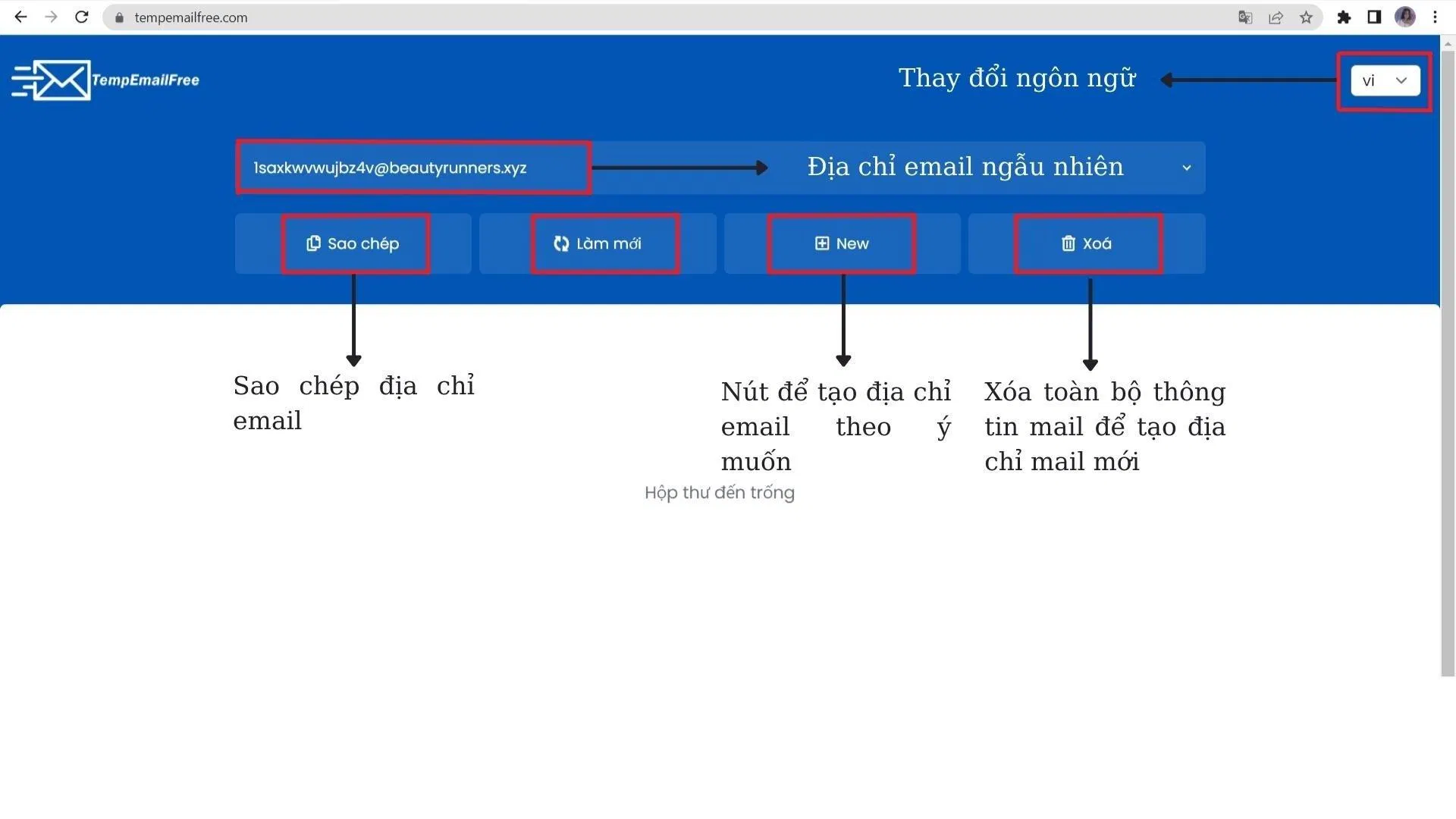 Các nút lệnh tạo địa chỉ email ảo của TempEmailFree (Nguồn ảnh: BlogAnChoi). Các nút lệnh tạo địa chỉ email ảo của TempEmailFree (Nguồn ảnh: BlogAnChoi).