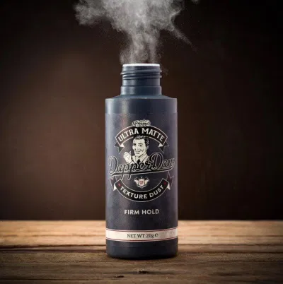 Bao bì tone màu đen xám của bột tạo phồng tóc Dapper Dan (Nguồn: Internet) Bao bì tone màu đen xám của bột tạo phồng tóc Dapper Dan (Nguồn: Internet)