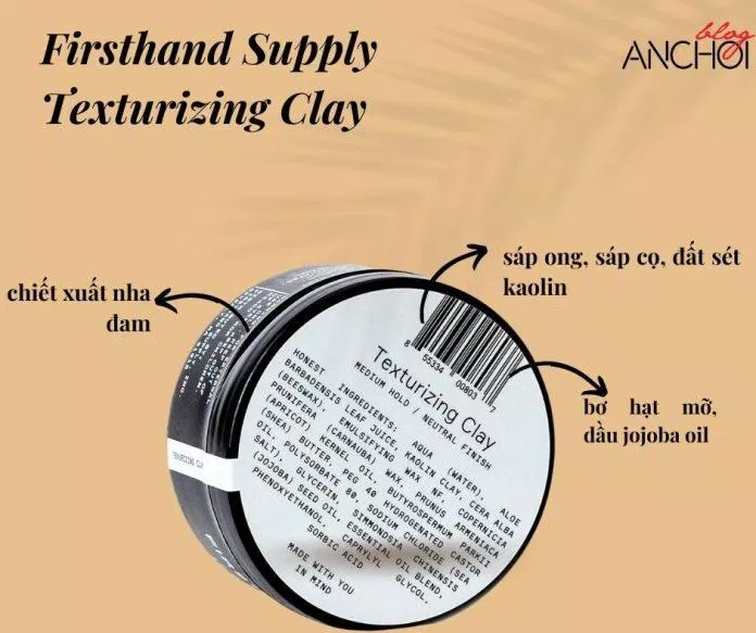 Sáp vuốt tóc Firsthand Supply Texturizing Clay có bảng thành phần thiên nhiên nuôi dưỡng tóc chắc khỏe (nguồn: BlogAnChoi)