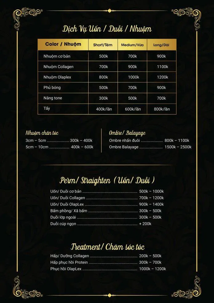 Bảng giá dịch vụ tại July Beauty Hair Salon (Nguồn: Internet)