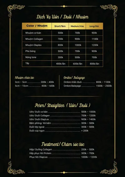 Bảng giá dịch vụ tại July Beauty Hair Salon (Nguồn: Internet)