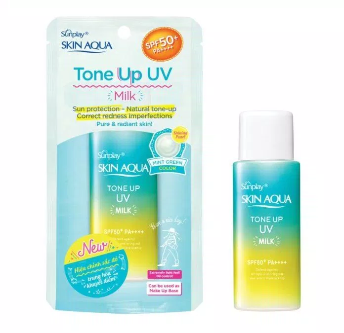 Sữa chống nắng vật lý lai hoá học Sunplay Skin Aqua Tone Up UV Milk màu xanh (Ảnh: Internet).