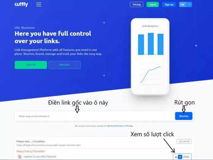 Rút gọn link với Cuttly không cần đăng ký (Ảnh: BlogAnChoi).