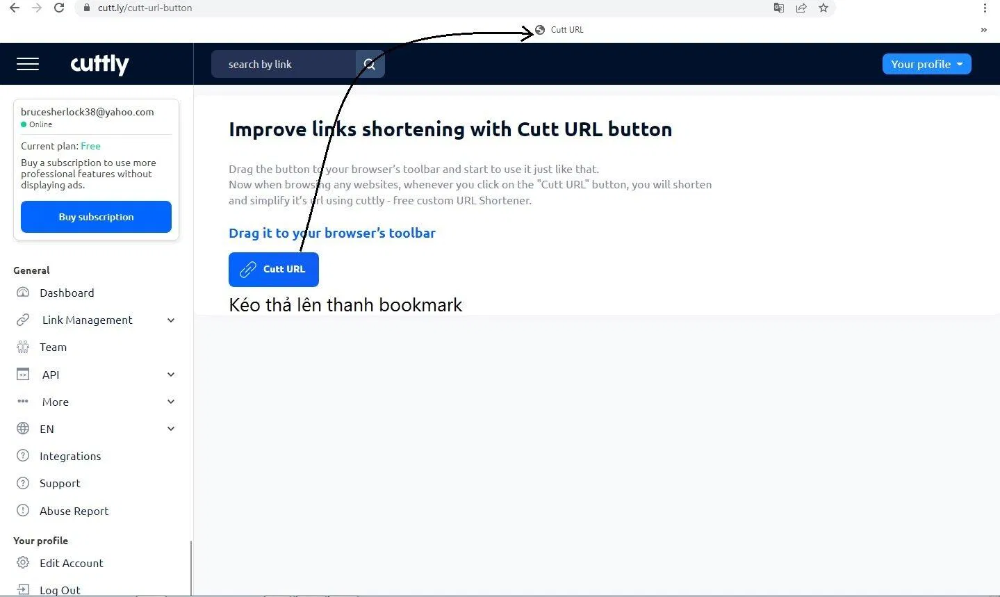 Kéo thả nút Cutt URL để tạo bookmarklet (Ảnh: BlogAnChoi). Kéo thả nút Cutt URL để tạo bookmarklet (Ảnh: BlogAnChoi).