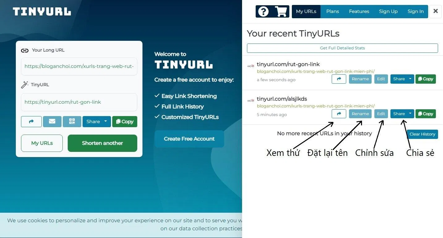 Các nút chức năng của link rút gọn (Ảnh: BlogAnChoi). Các nút chức năng của link rút gọn (Ảnh: BlogAnChoi).
