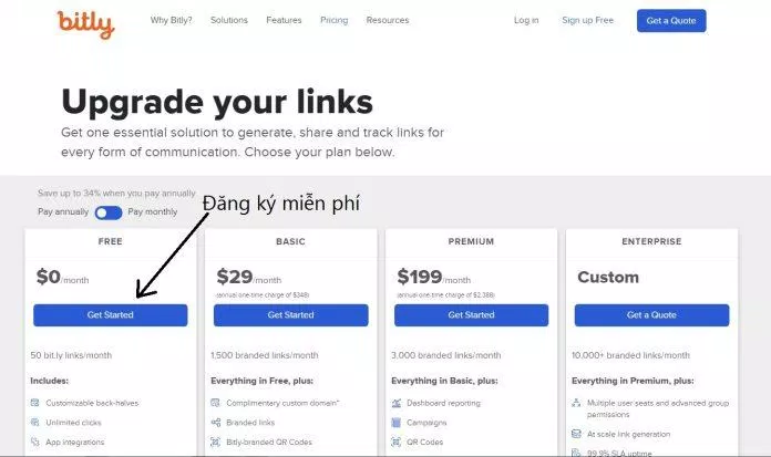 Các gói đăng ký của Bitly (Ảnh: BlogAnChoi) Các gói đăng ký của Bitly (Ảnh: BlogAnChoi)