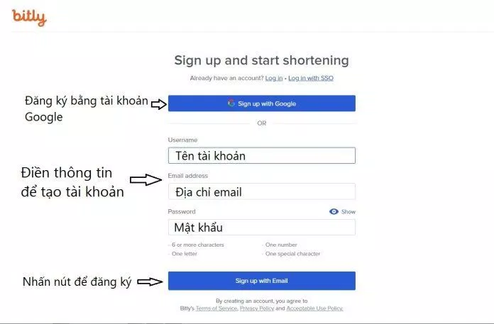 Các bước đăng ký tài khoản Bitly (Ảnh: BlogAnChoi). Các bước đăng ký tài khoản Bitly (Ảnh: BlogAnChoi).