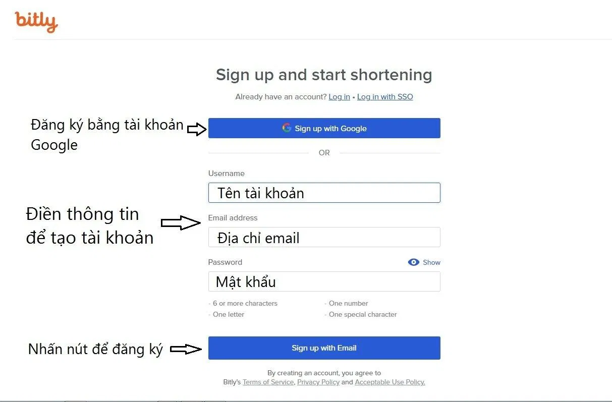 Các bước đăng ký tài khoản Bitly (Ảnh: BlogAnChoi). Các bước đăng ký tài khoản Bitly (Ảnh: BlogAnChoi).