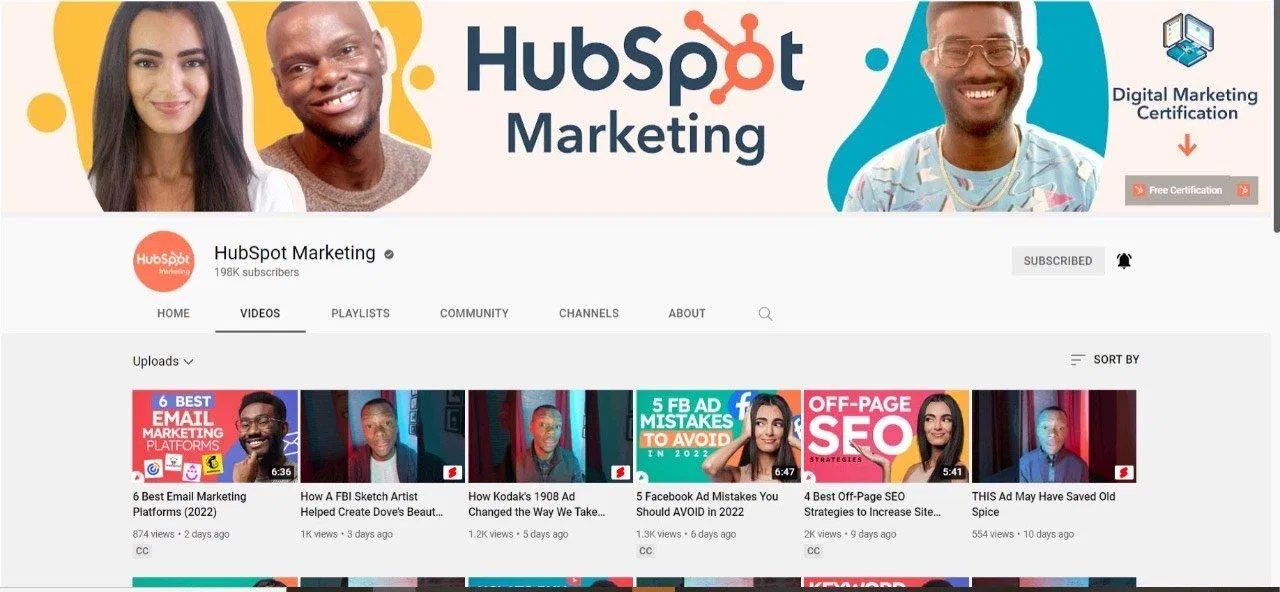 giao-dien-chinh-kenh-youtube-cua-Hubspot