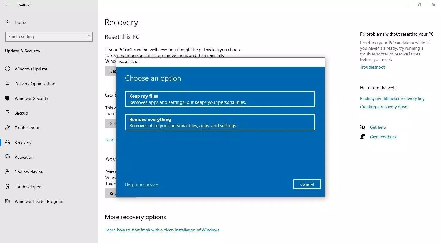 Nên chọn Remove everything khi khôi phục cài đặt gốc (Ảnh: Internet). Nên chọn Remove everything khi khôi phục cài đặt gốc (Ảnh: Internet).
