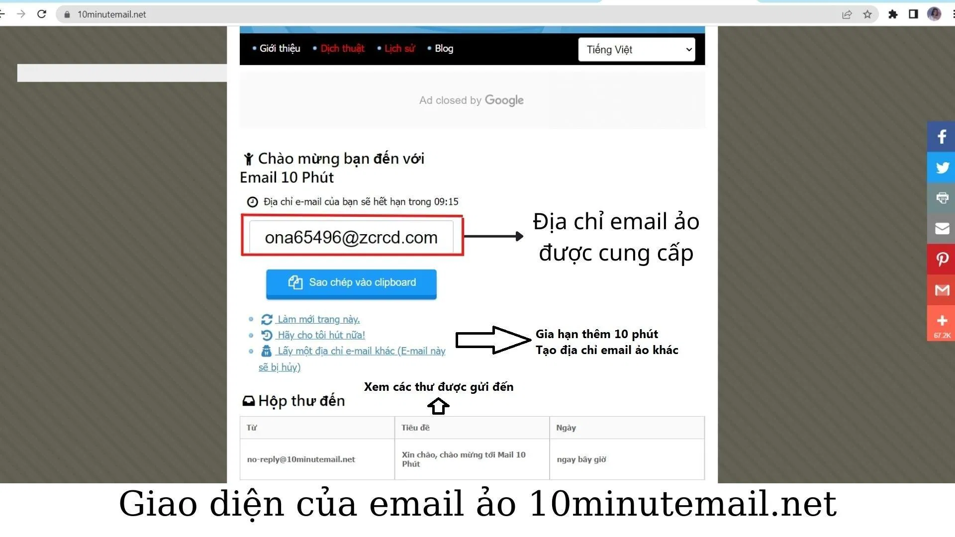 Giao diện của email ảo 10minutemail.net (Nguồn ảnh: BlogAnChoi). Giao diện của email ảo 10minutemail.net (Nguồn ảnh: BlogAnChoi).