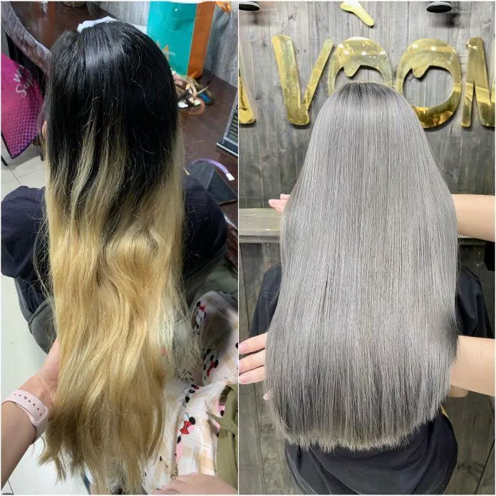 Mẫu tóc duỗi và nhuộm tóc tại A Vòong Hair Salon.