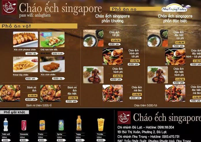 Menu quán ăn Cháo Ếch Singapore 151 (nguồn: internet)
