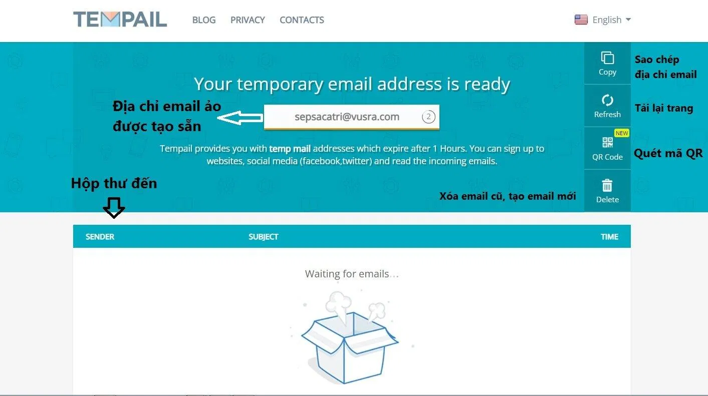 Giao diện của email ảo Tempail (Nguồn ảnh: BlogAnChoi). Giao diện của email ảo Tempail (Nguồn ảnh: BlogAnChoi).