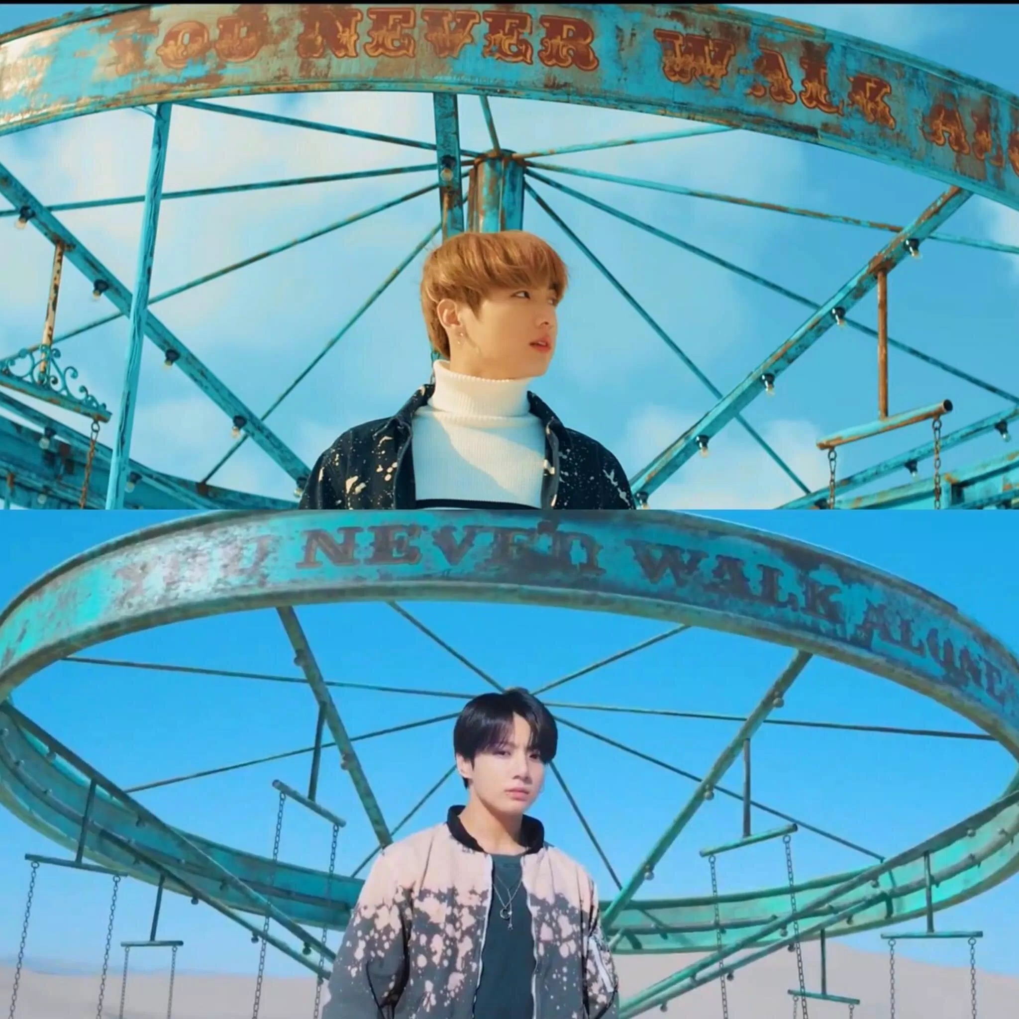 Hình ảnh JungKook trong MV "YET TO COME" và MV "Spring day" (Ảnh: Internet)