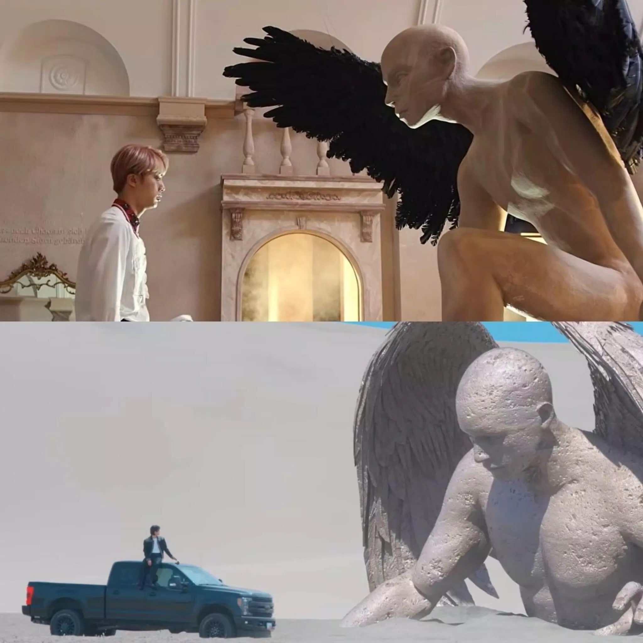 JIn và bức tượng trong MV "Blood sweat & tear (Ảnh: Internet) JIn và bức tượng trong MV "Blood sweat & tear (Ảnh: Internet)