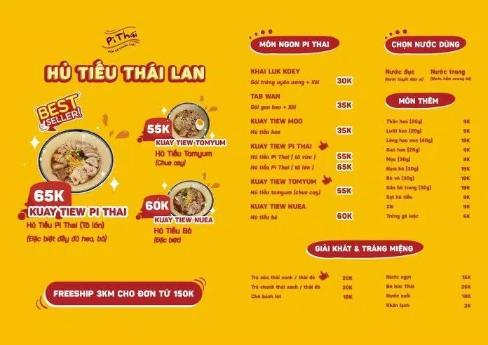 Menu của quán Hủ tiếu Pi Thai Thái Lan (nguồn: internet)