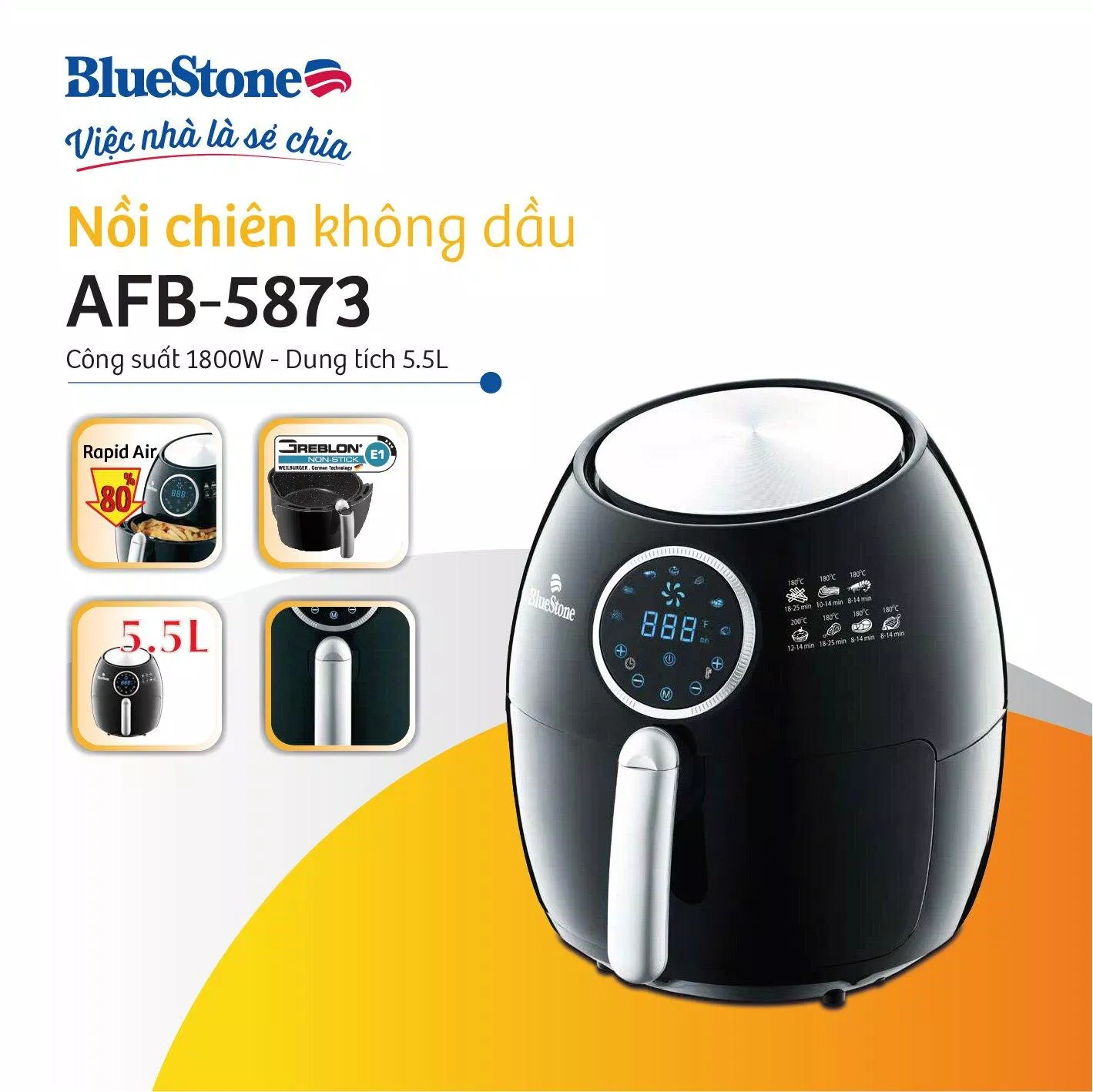 Nồi chiên không dầu AFB-5873 ăn điểm nhờ vật liệu thân chính là nhựa PP và ABS chịu nhiệt tốt (Nguồn: Internet)