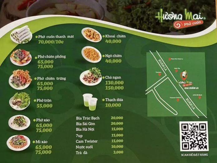 Menu quán phở cuốn Hương Mai trứ danh tại thủ đô Hà Thành (nguồn: internet)
