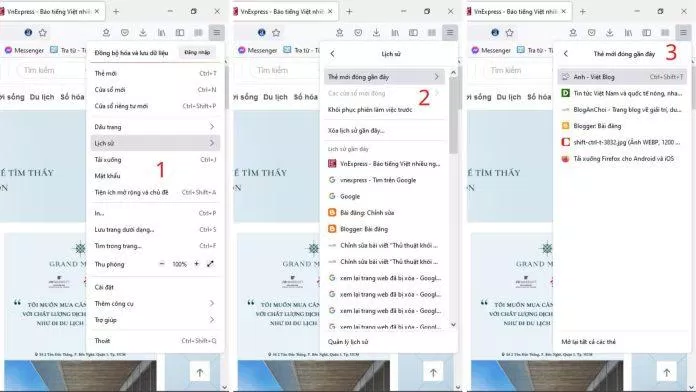 Các bước truy cập vào các tab trình duyệt đã đóng gần đây trên Firefox. (Ảnh: BlogAnChoi) Các bước truy cập vào các tab trình duyệt đã đóng gần đây trên Firefox. (Ảnh: BlogAnChoi)