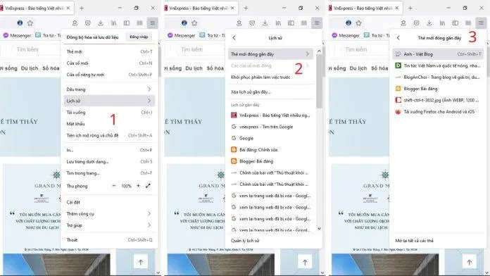 Các bước truy cập vào các tab trình duyệt đã đóng gần đây trên Firefox. (Ảnh: BlogAnChoi) Các bước truy cập vào các tab trình duyệt đã đóng gần đây trên Firefox. (Ảnh: BlogAnChoi)
