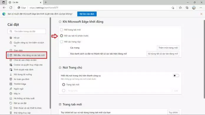 Trình duyệt Microsoft Edge cũng có chức năng cài đặt mặc định mở tab tương tự. (Ảnh: BlogAnChoi)