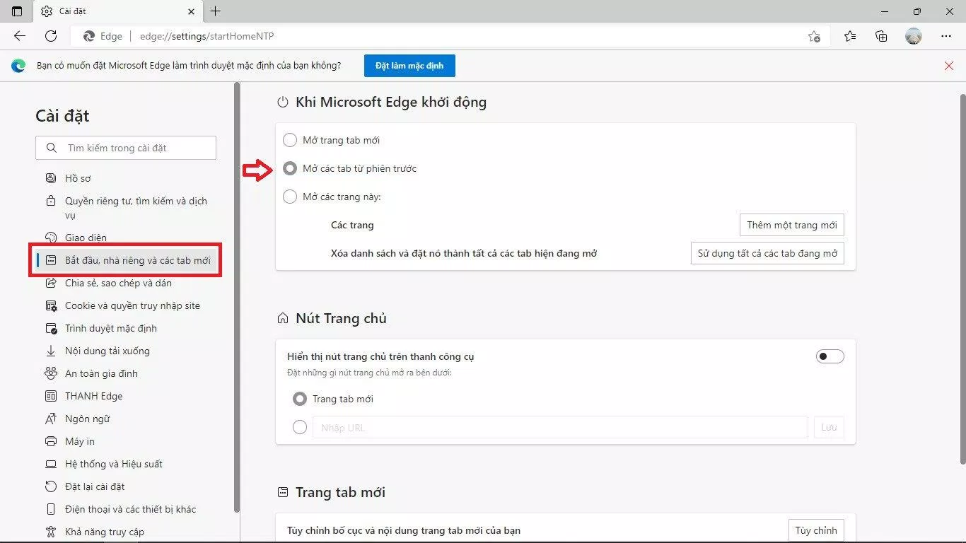 Trình duyệt Microsoft Edge cũng có chức năng cài đặt mặc định mở tab tương tự. (Ảnh: BlogAnChoi)